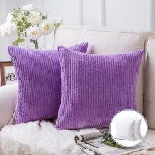 Cojín decorativo cuadrado de terciopelo a rayas de pana suave para sofá, 56 x 56 cm, color violeta, paquete de 2