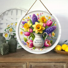 1 stuk houten hanglabel met lente-uitstraling, vaas met tulpen en narcissen - Deurdecoratie, geschikt voor kamerdecoratie, tuin, terras, strandbar