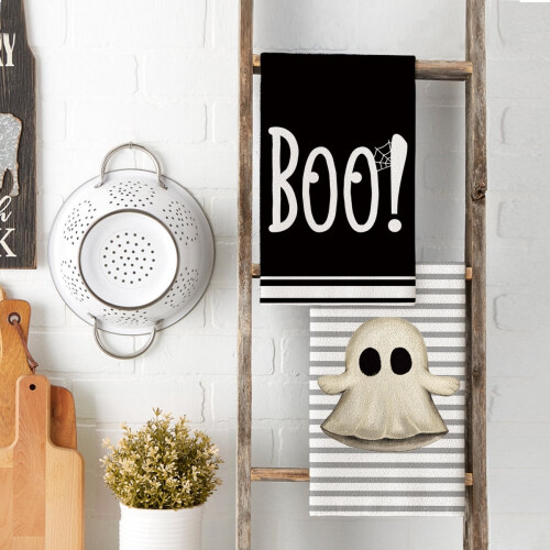 Μικρό: )e Ιστός αράχνης με ρίγες Ghost Boo για το Halloween, πετσέτες κουζίνας, πετσέτες 2