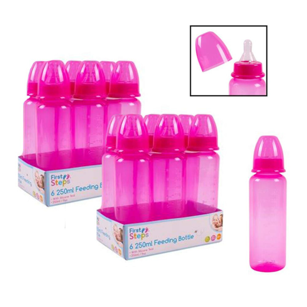 Pack Of 12 Baby Bottles Silicone Teat 250Ml Bpa Free Set Re-Usable Plastic Pink First Steps