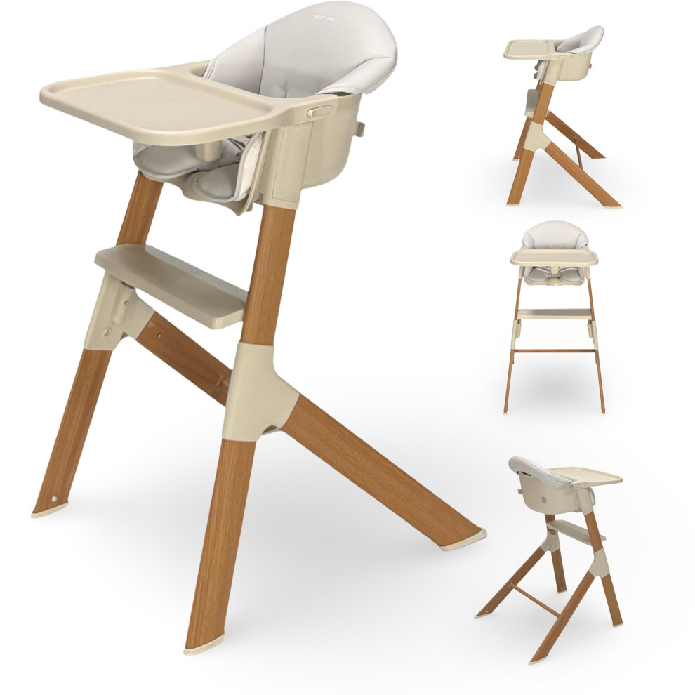 Venture Mico Highchair - Stylish Scandi Style Modern Baby Highchair With Wood Effect, Easy Clean Design, And Padded Seat Cushion For Comfort And Supp