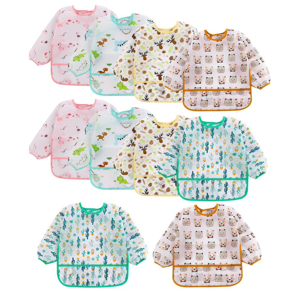 10 Pack Baby Weaning Bibs With Sleeves - Waterproof Coverall Feeding Bibs For 6-30 Months, Soft Long Sleeve Drool Bibs With Crumb Catcher Poc Seesuno