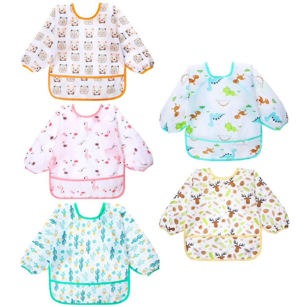 Baby Bibs With Sleeves, 5 Pcs Waterproof Long Sleeve Bib Unisex Feeding Bibs Apron For Infant Toddler 2-5 Years Lictin