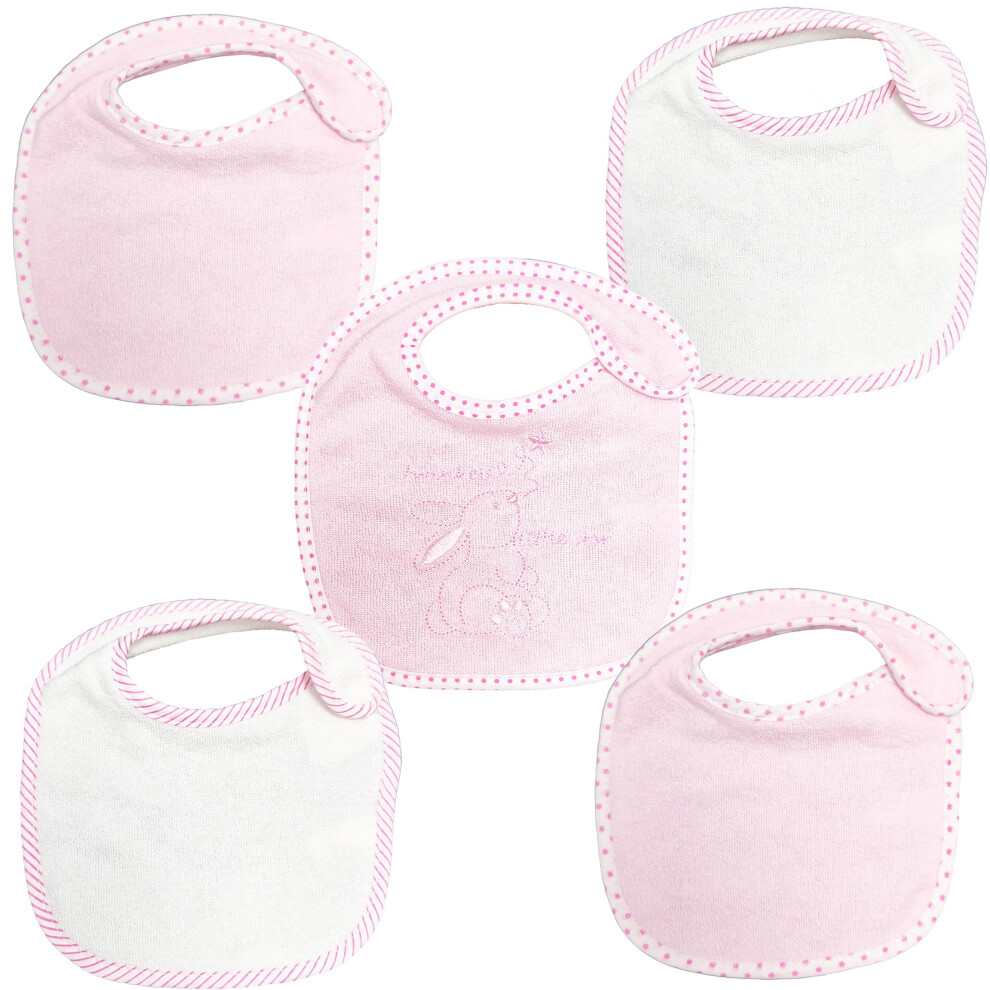 The Baby Box Uk Baby Terry Bibs 5 Pack Boys Girls Feeding Dribble Baby Bibs (Pink)