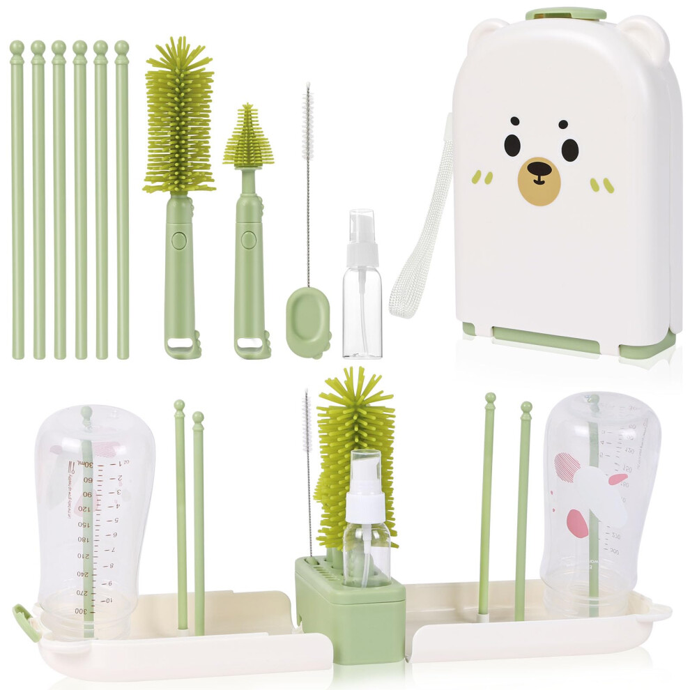 Baby Bottle Brush Set With Storage Drying Rack Holder, Baby Travel Bottle Cleaner Kit With Silicone Bottles Brush, Nipple & Straw Brushs,Drying Aoote