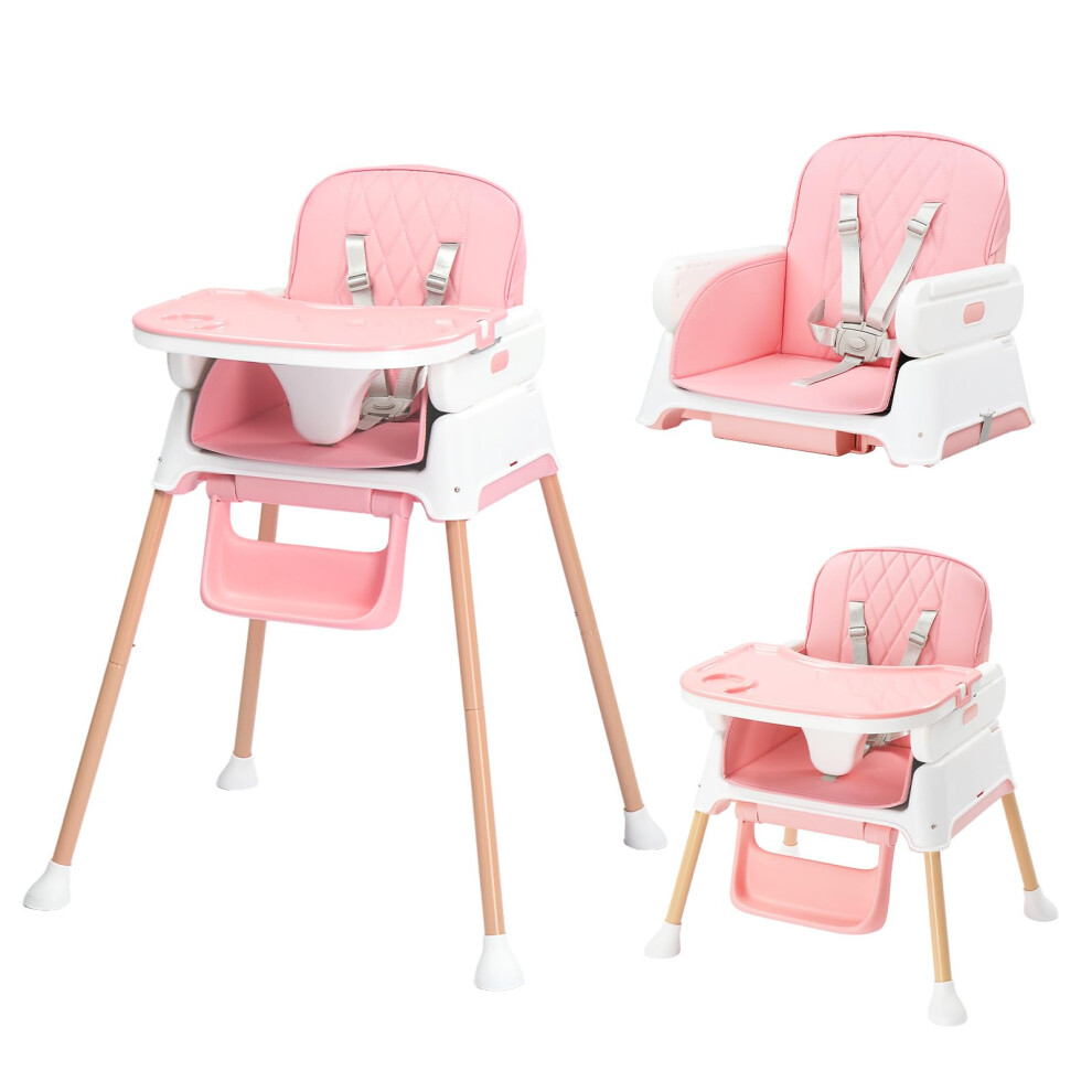 4-In-1 Foldable Baby High Chair, Adjustable Height With Detachable Tray, 5-Point Safety Harness, Highchair For Toddlers 6 To 36 Months, Pink Bonnlo