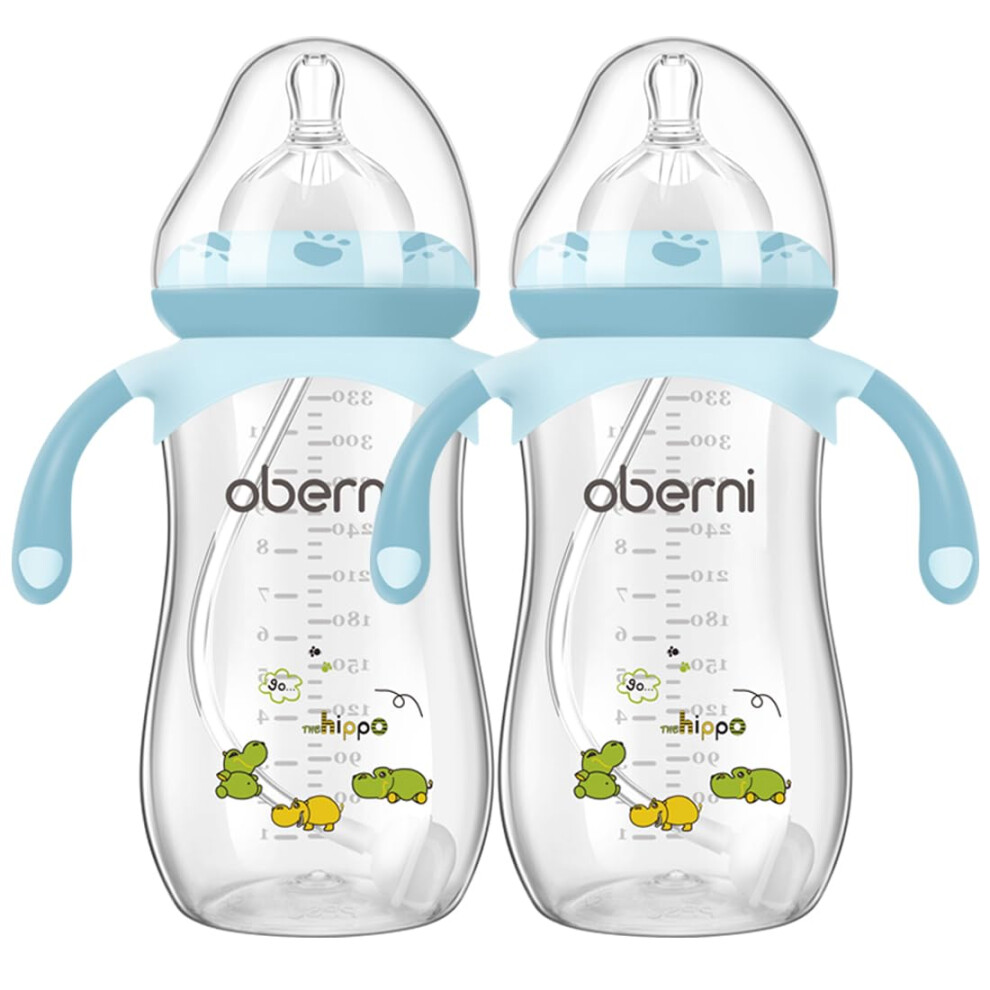 Anti-Colic Baby Bottles, 330Ml / 11Oz Weigthed Toddler Milk Feeding Bottles With Size “+” Variable Flow Teat For 12M+, /Pack Of 2 Blue Oberni