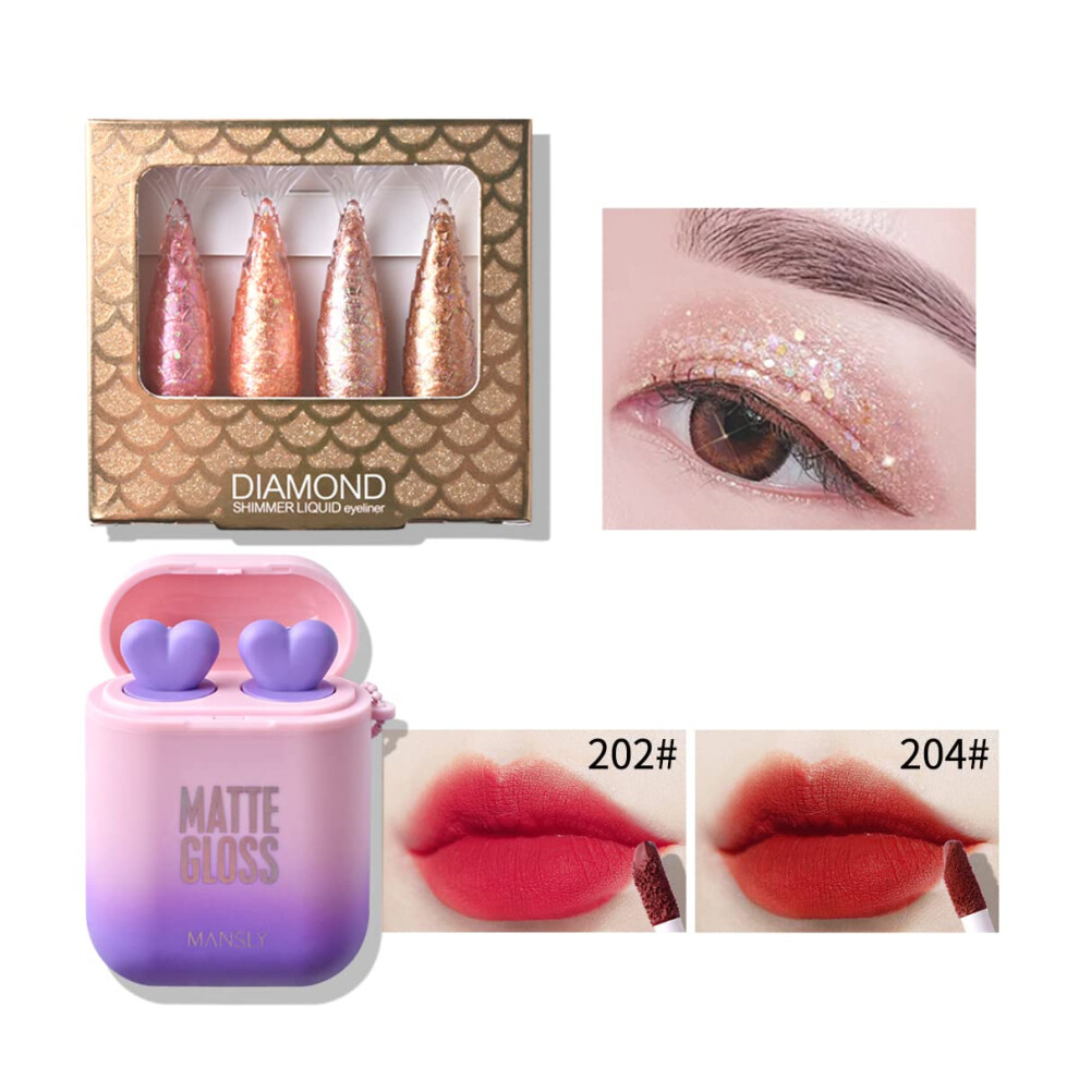 Waterproof Glitter Liquid Eyeliner Set with Matte Liquid Lipstick, Metallic Shimmer Finish