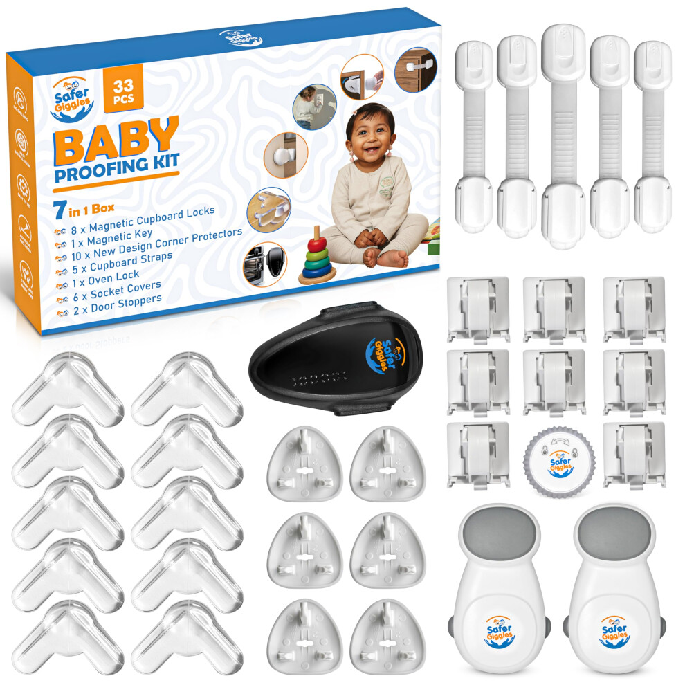 Safer Giggles 7-In-1 Baby Proofing Kit (33 Pieces) | Complete Child Safety Set With Magnetic Cabinet Locks, Socket Covers, Corner Protectors, Oven & Door Locks For