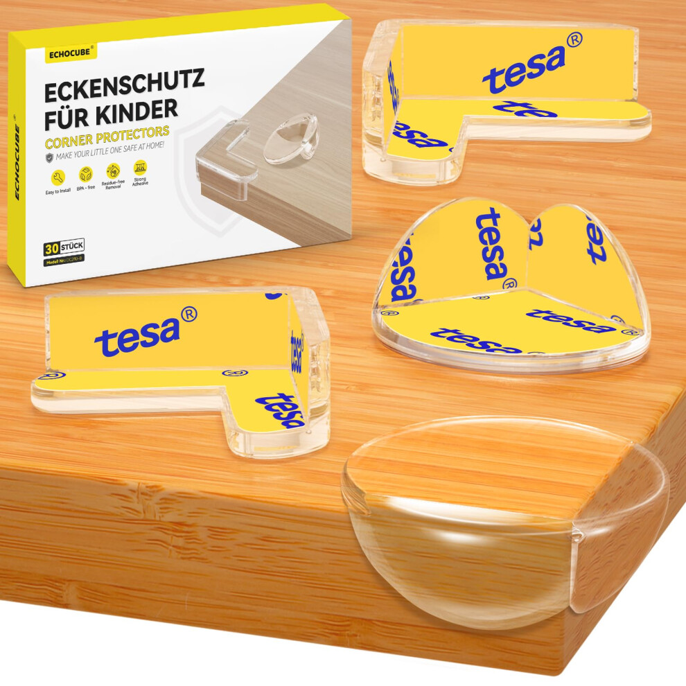 Echocube 30 Packs Clear Corner Protectors, Child Safety Baby Proofing Edge Protectors, Corner Guard With Tesa Adhesive Tapes For Table, Furniture - L