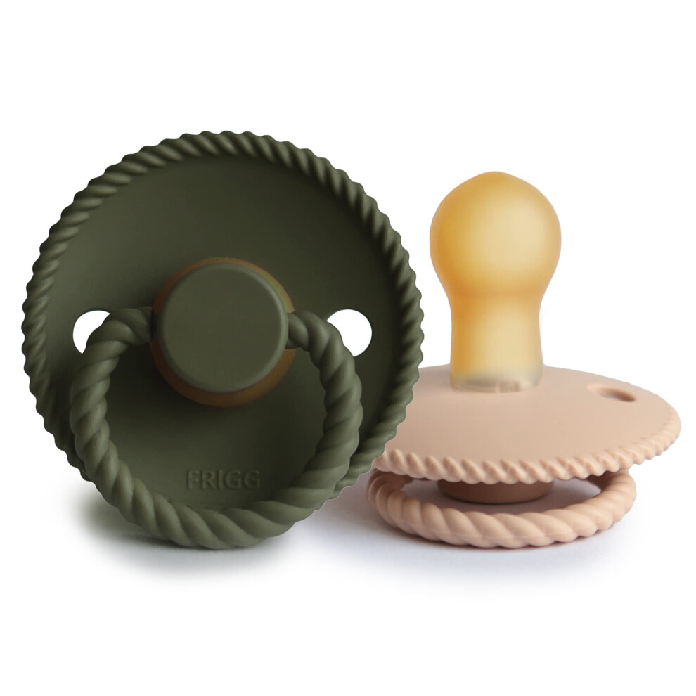 Frigg Rope Latex Pacifier Pack Of 2 | Natural Rubber Soother Dummy | Bpa-Free | Made In Denmark | Symmetrical Cherry Shaped Nipple (Croissant/Olive,
