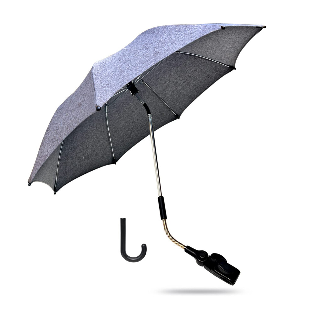 Zjright Pram Parasol, 50+ Uv 73Cm Stroller Umbrella With Adjustable Fixing Clamp & Umbrella Handle For Pram, Stroller, Pushchair And Buggy - Grey