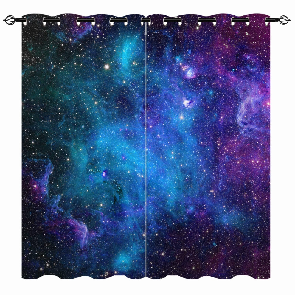 Kids Galaxy Curtains - Space Nebula Star Constellation Planet Universe Fantasy Starry Print Pattern Eyelet Blackout Thermal Window Drapes Blue Yuanzu