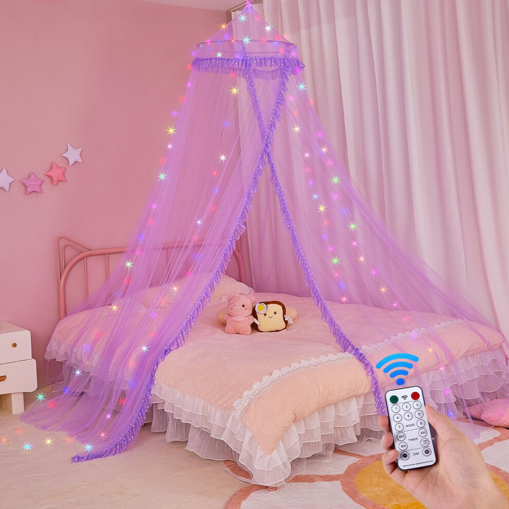 Mhjy Bed Canopy For Girls Mosquito Net Kids Bed Curtains With Led Lights And Remote Control Princess Room Décor For Kids Bedroom Accessories