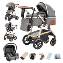 Gcarebb 3 in 1 Prams Travel System, Pushchair with Height Adjustable Handle, Travel Pram with Mosquito Net, Baby Stroller with Aluminum Frame for New