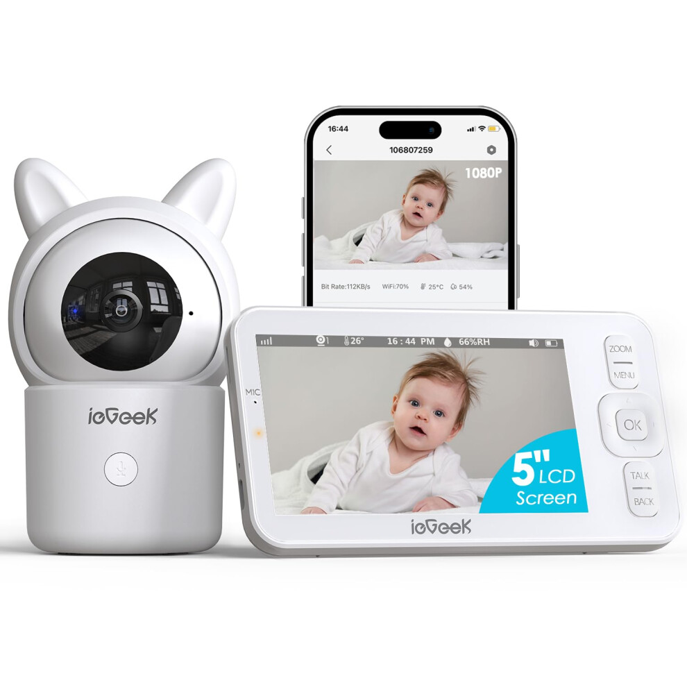 5" Screen Baby Monitor With Camera And Night Vision, 1080P Smart Video Baby Camera, Baby Monitor Long Range With Free App, Motion&Sound Detect Iegeek