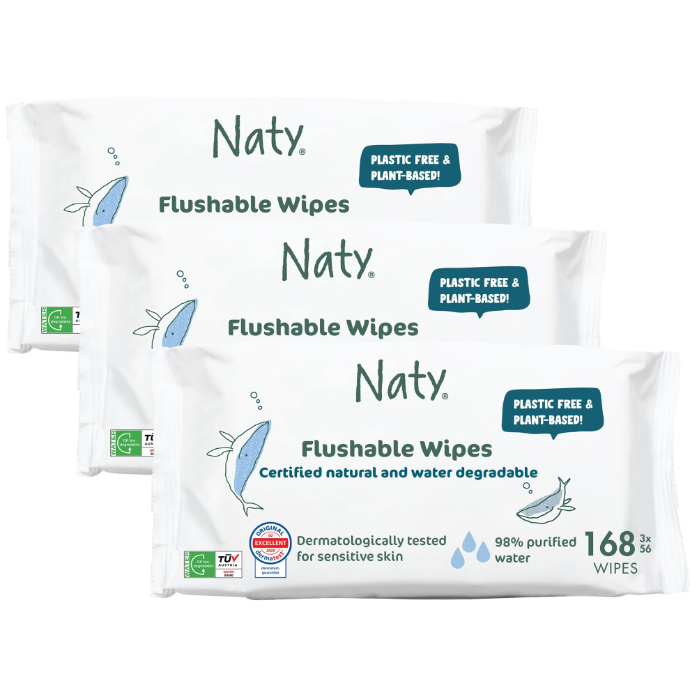 Flushable Toddler & Baby Wet Wipes | Plant-Based, 98% Purified Water For Sensitive Skin | Natural Potty Training Wipes | Water-Degradable, Plast Naty