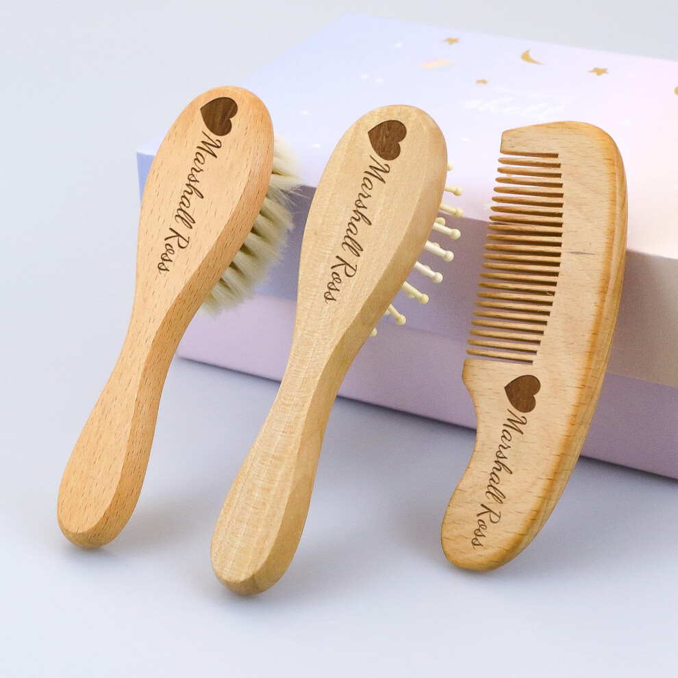 Personalized Baby Hair Brush and Comb Set for Newborn - Custom Wooden Toddler Set With Soft Goat Bristle, Cradle Cap Brush Perfect for Baby Registry