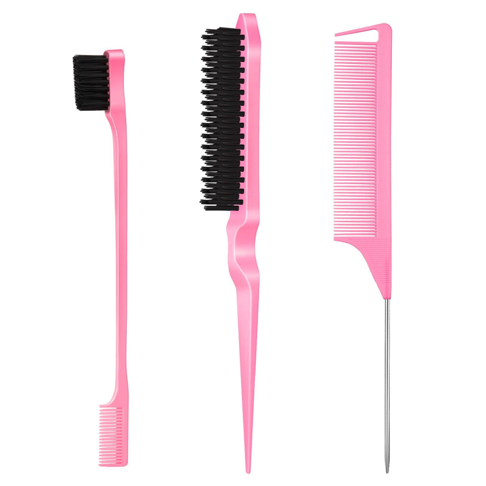 Sweet View Pink 3 Pcs Slick Back Hair Brush Set With Edge Brush, Bristle Brush, Rat Tail Comb, Teasing Brush Set For Smoothing Baby Hair & Flyaways