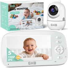GHB Baby Monitor with Camera and Night Vision, 5 Inch Screen, 2-Way Audio, Temperature Sensor, 4X Zoom, Lullabies, Feeding Reminder, VOX Mode