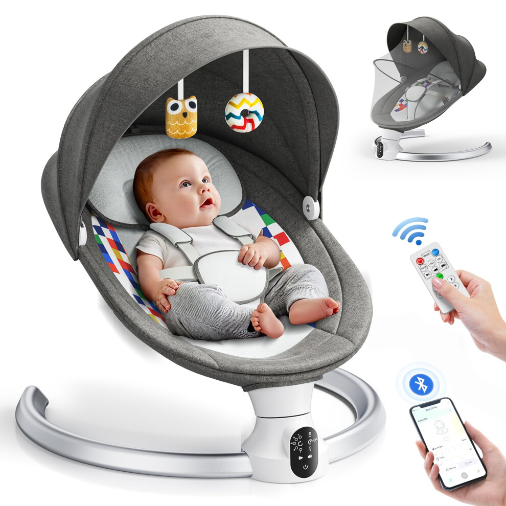 Helangel Electric Baby Bouncer Chair For Infants, App Remote Control Baby Swing With 5 Point Safety Harness 5 Swing Speeds 3 Timers And 10 Music, Automatic Ro