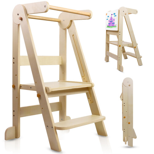 Uuoeebb Foldable Learning Tower, Wooden Step Stool for Kids with 3 Adjustable Height, Kitchen Folding Learning Tower for Child with Magnetic Whiteboa