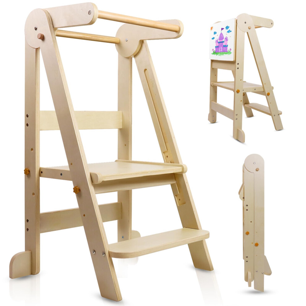 Uuoeebb Foldable Learning Tower, Wooden Step Stool For Kids With 3 Adjustable Height, Kitchen Folding Learning Tower For Child With Magnetic Whiteboa 12699926