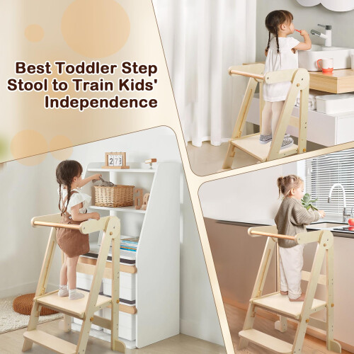 Uuoeebb Foldable Learning Tower, Wooden Step Stool for Kids with 3 Adjustable Height, Kitchen Folding Learning Tower for Child with Magnetic Whiteboa 2