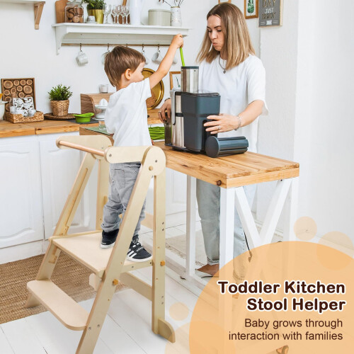 Uuoeebb Foldable Learning Tower, Wooden Step Stool for Kids with 3 Adjustable Height, Kitchen Folding Learning Tower for Child with Magnetic Whiteboa 1