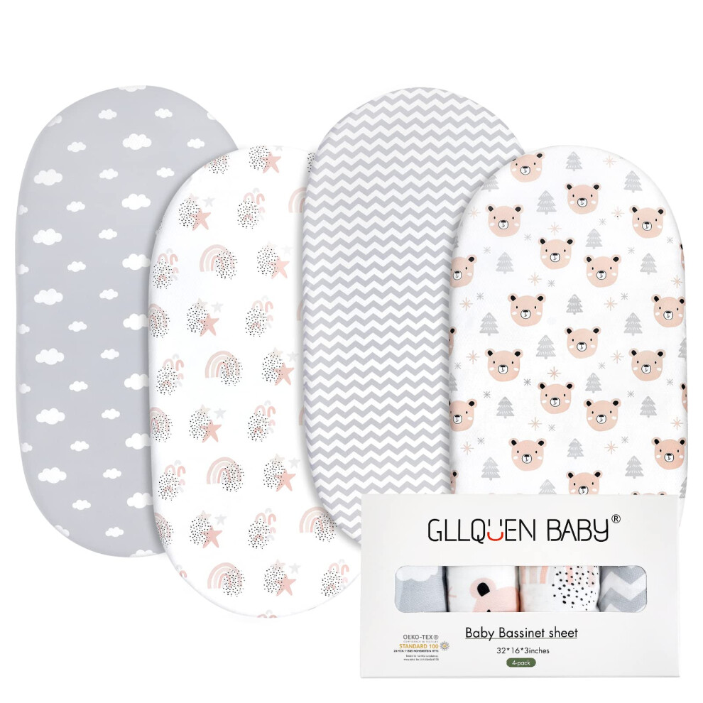 4Pack Moses Basket Fitted Sheets, Newborn Pram Sheets Fitted, 100% Microfiber Oeko-Tex100 Cozy And Breathable Crib Baby Bassinet Sheets Gllquen Baby