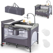 Maxmass 6-in-1 Baby Travel Cot, Infant Bedside Sleeper with Detachable Changing Table, Music Box and Hanging Toys, Adjustable Nursery Center for Newb