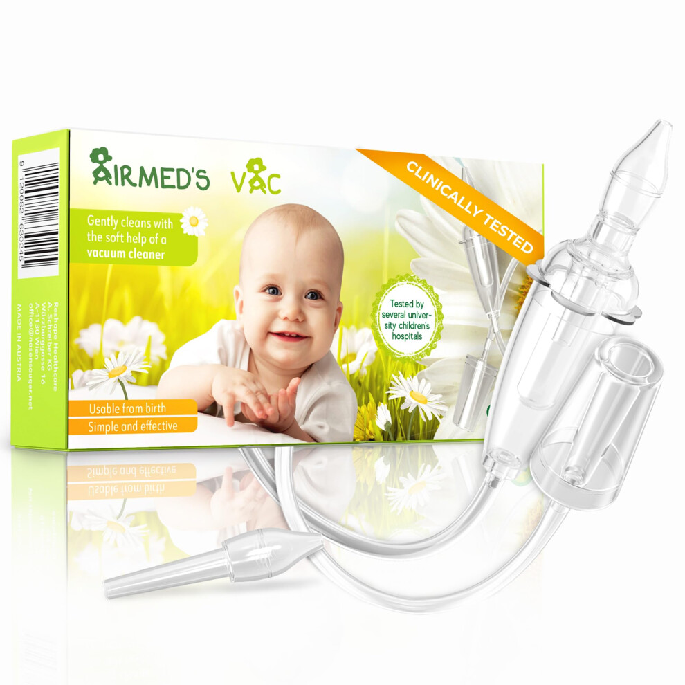 Airmed's Vac Nasal Aspirator Baby. Clinically Tested, Safe And Gentle. Baby Nose Sucker With 2 Suction Heads And Cleaning Brush. Safe And Gentle Baby Nasensauger