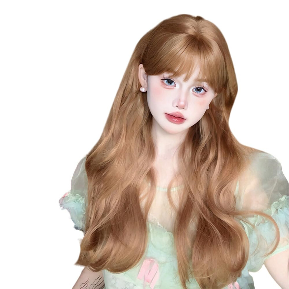 Long Wavy Synthetic Wig with Bangs for Women Milk Tea Champagne Heat Resistant Natural Volume