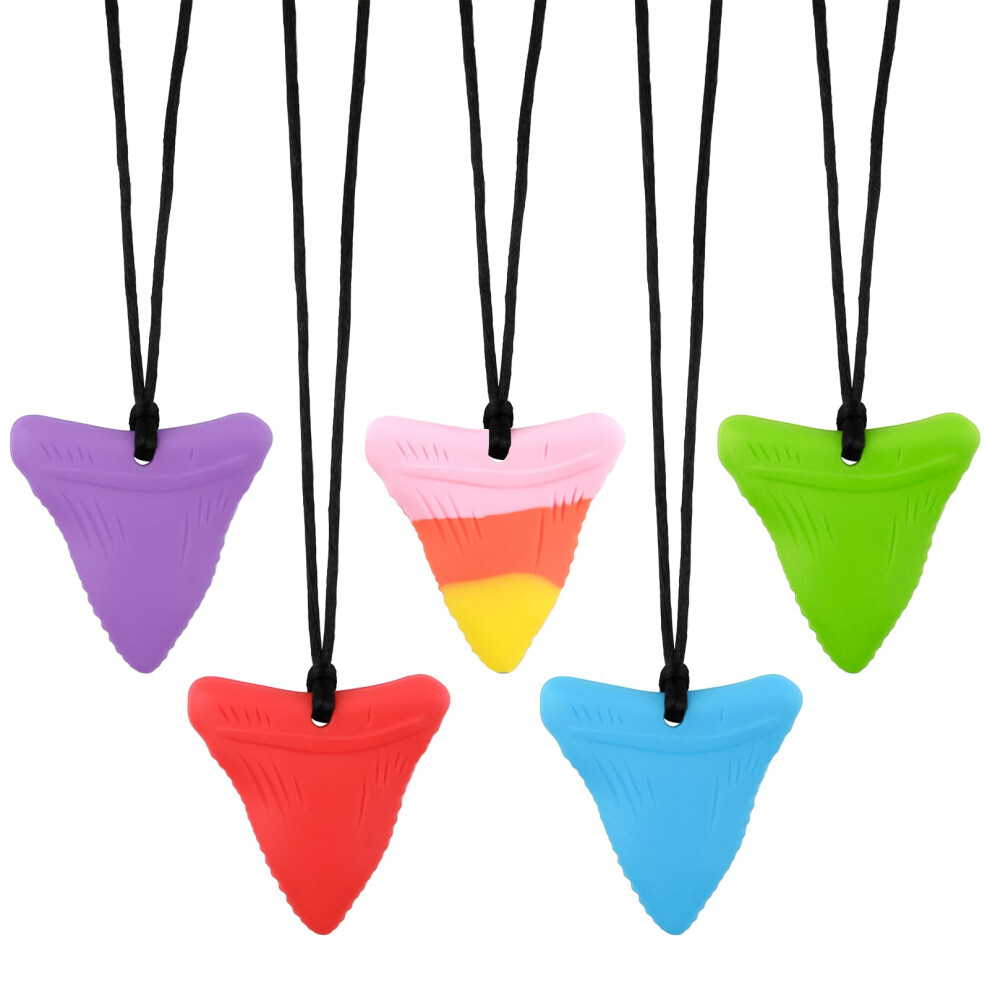 Sensory Chew Necklace, 5 Pcs Shark Shape Silicone Chew Necklace For Teething, Adhd, Autism, Biting Needs, Oral Motor Chewy Teether For Autistic Oruza