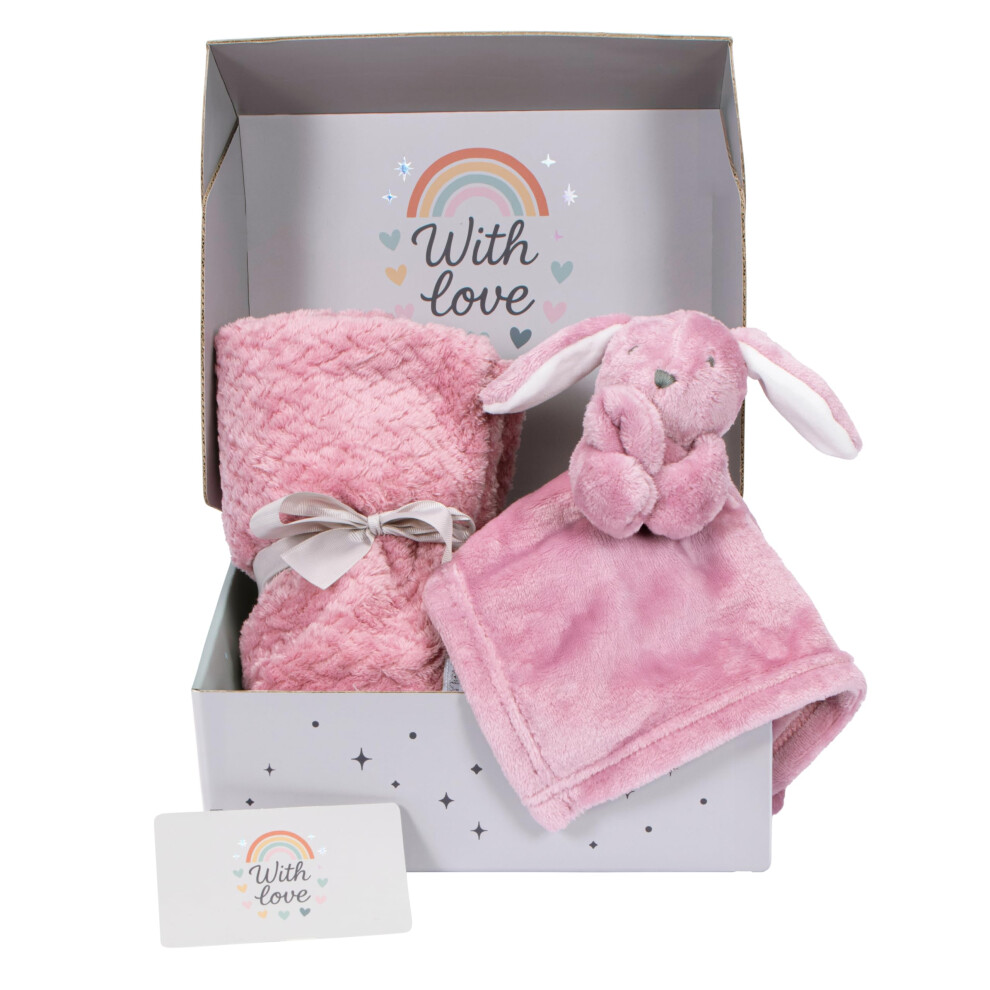 Newborn Baby Gift Set – Baby Hamper Box With Comforter, Soft Fleece Blanket, & Card – Ready To Gift For Gender Reveals, Dusky Pink Hoolaroo