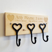 Cutncraft Designs Personalised Coat Rack Rail with 3 Heart Hooks for Jackets Children Nursery Laser Engraved - Add Your Text and Clip Arts 30 x 12cm