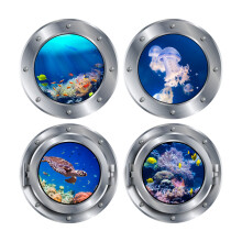 PLIGREAT 4 Pcs 3D Underwater World Window Wall Stickers, Peel and Stick Wall Decals, Removable Waterproof Vinyl Wall Sticker for Bathroom Bedroom Pla