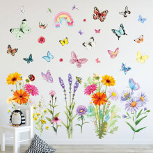 Flower Wall Stickers Colorful Butterfly Wall Stickers Daisy Rainbow Kids Wildflower Butterflies for Kids Girls Bedrooms Living Room Nursery Decoratio