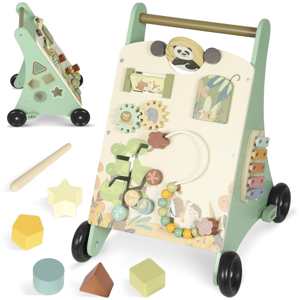 Wooden Baby Walker, Push Along Walker Toys With Speed Control, Montessori-Inspired Learning Activity Centre With Xylophone, Gears And Bead M Aiyaplay