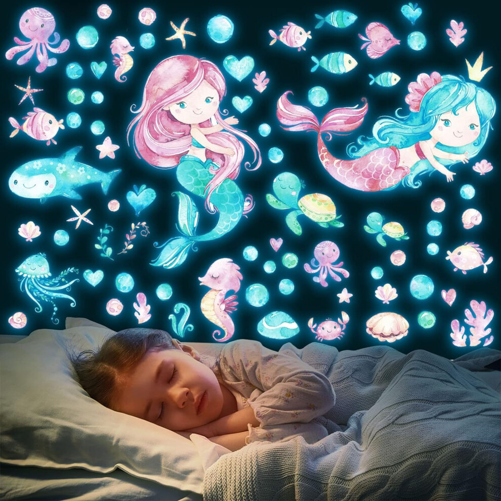 Glow In The Mermaid Wall Decals Luminous Sticker Ceiling Decor Glowing Under The Sea Ocean Fish Wall Stickers For Kids Girls Bedroom Baby Nurser Dark Tarklanda