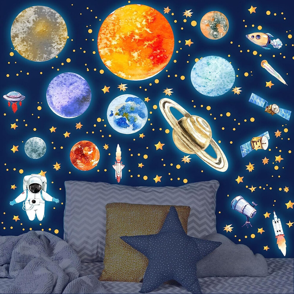 Glow In The Stars And Planet Bright Solar System Wall Stickers Galaxy Astronaut Rocket Fluorescent Luminous Adhesive Decals For Nurser Dark Tarklanda