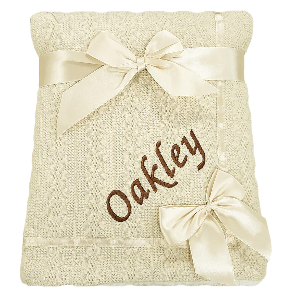 The Baby Box Uk Baby Boy Girl Personalised Knitted Bow Blanket Embroidered Name (Beige)