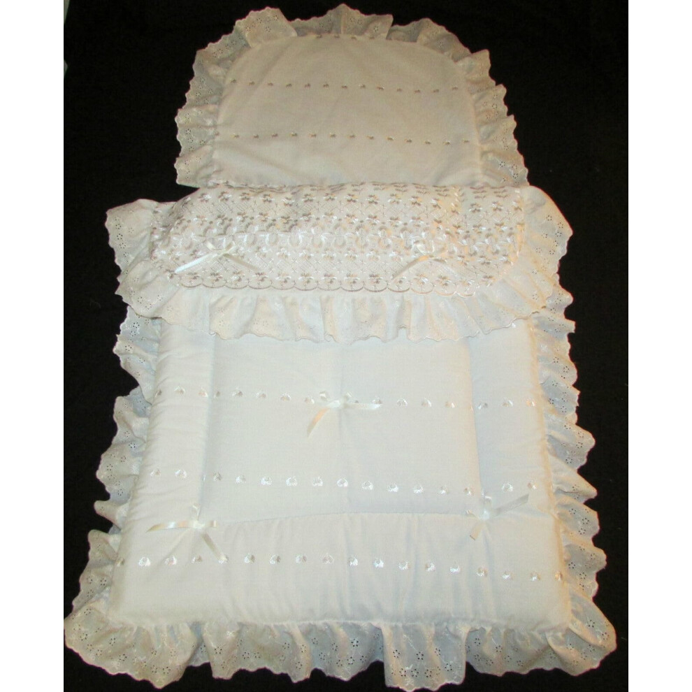 Full Size Baby Pram Bedding Set For Cross Kensington And Balmoral Prams (Broderie Anglaise) 560 X 520Mm Excluding Lace. Silver
