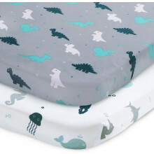 Travel Cot Sheets Fitted, 2 Pack Ultra Soft Crib Sheets, Compatible with Graco, Red Kite Travel Cot, Soft and Breathable, Grey Dinosaurs & Oceans