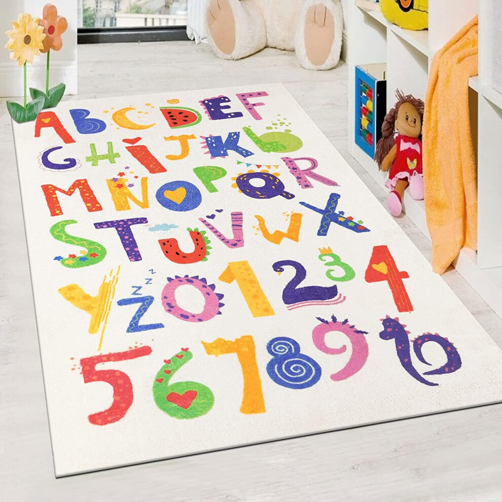 Kids Play Carpet Mat 100 X 150 Cm, Shaggy Soft Abc Alphabet And Number Educational Mat, Washable Multi Coloured Learning Rugs, Non-Slip Playti Enyhom