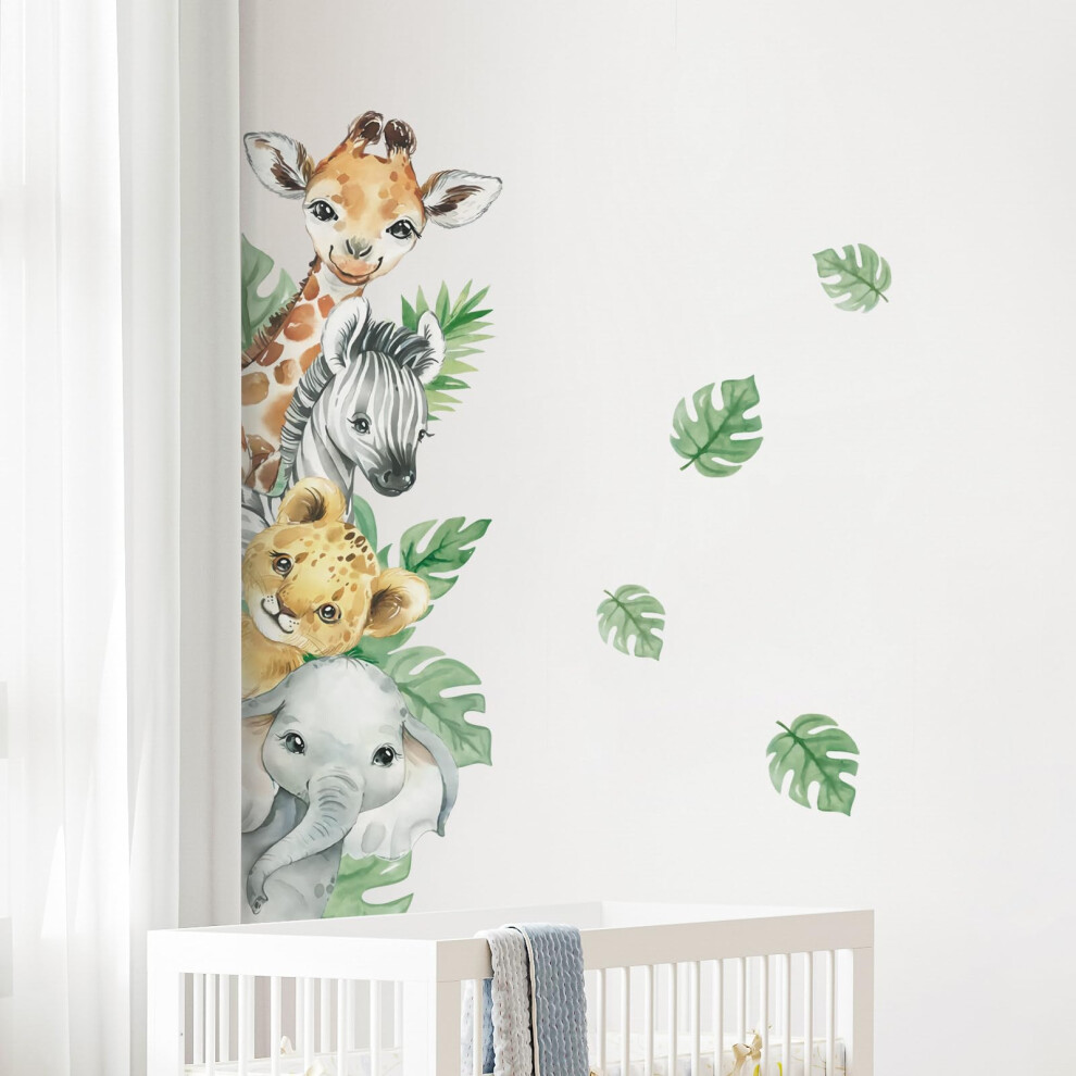 Jungle Animal Wall Stickers Cartoon Animal Wall Decals Giraffe Zebra Elephant Leaves Wall Art Sticker For Kids Baby Nursery Bedroom Pla Green Tanlaby