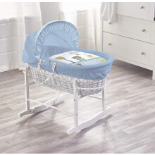ELEGANT BABY Kinder Valley Beary Nice Blue White Wicker Moses Basket with White Rocking Stand, Adjustable Hood and Padded Liner