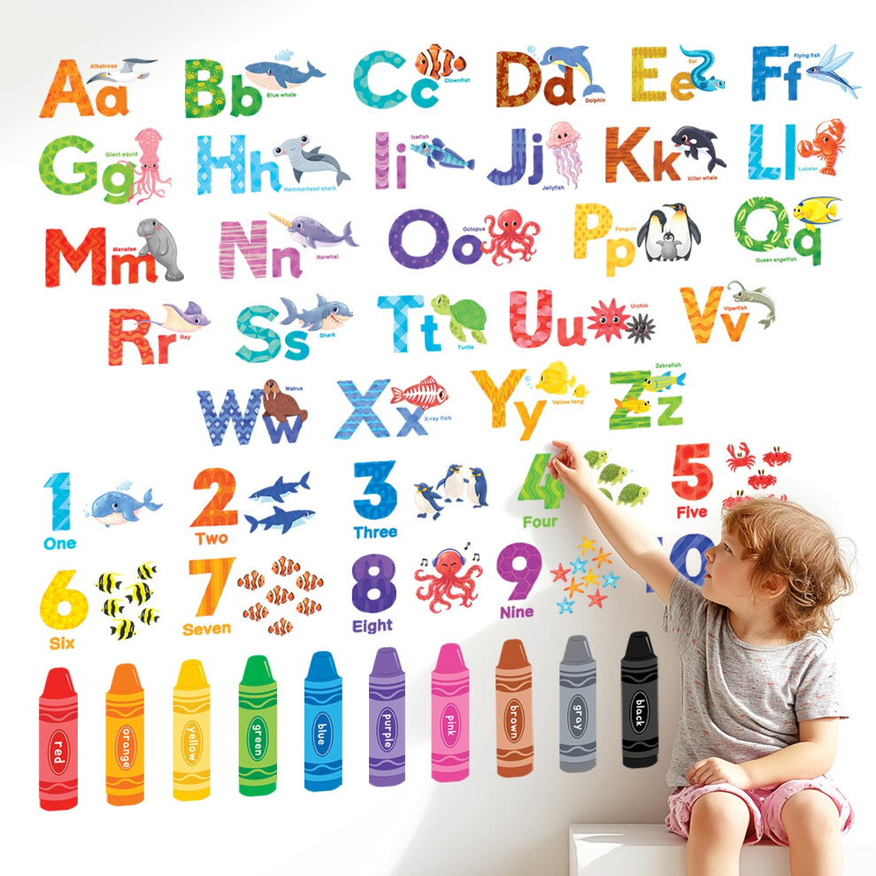 Decowall Alphabet & Numbers Wall Stickers Educational Abc 123 Wall Decals For Kids Nursery Classroom Bedroom Sea Animals Theme Peel & Stick (Ds9-8093