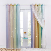 NICETOWN Rainbow Curtains for Kids - Star Cut Out Double Layer Blackout Curtains with Voile Thermal Privacy Protection for Nursery Bedroom Living Roo