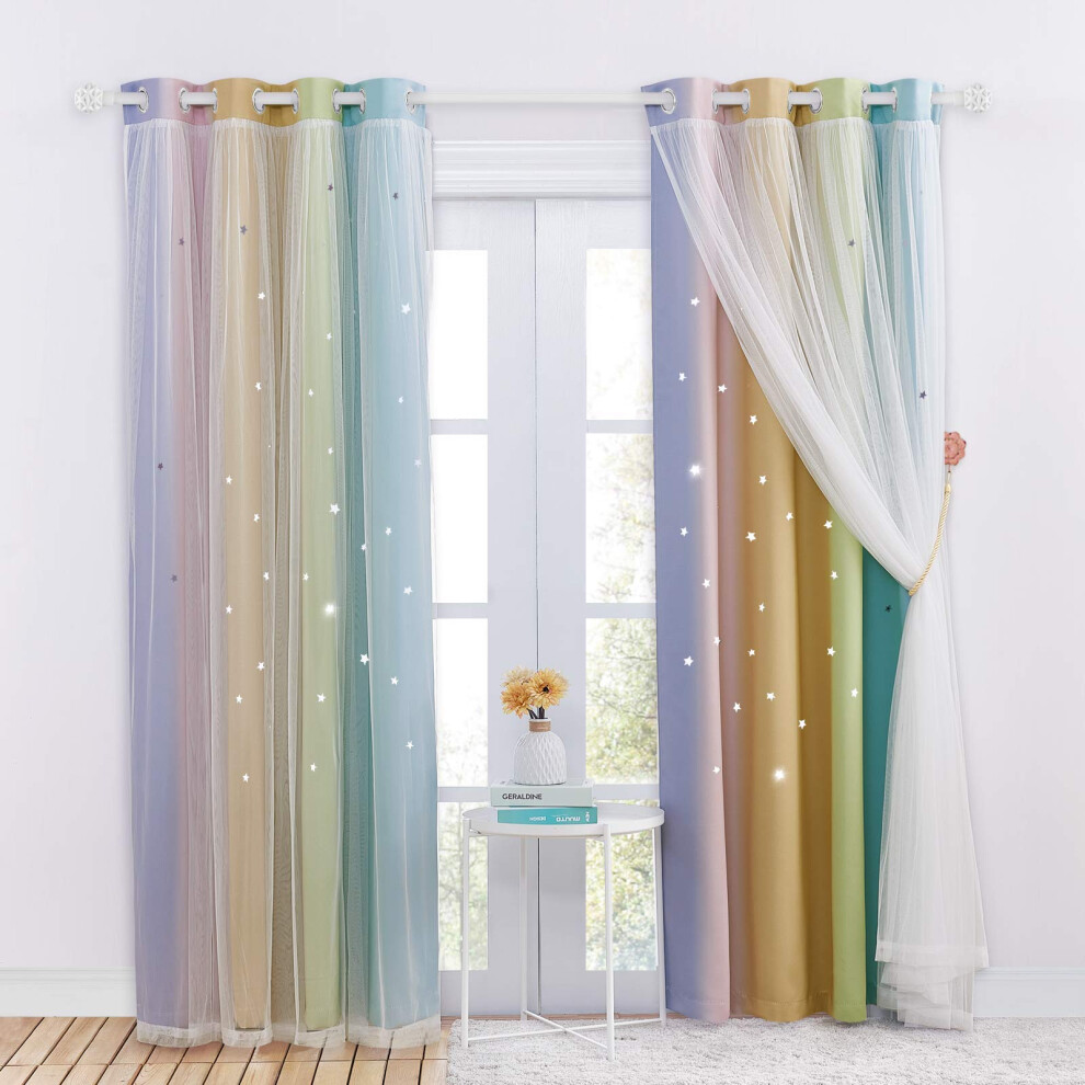 Nicetown Rainbow Curtains For Kids - Star Cut Out Double Layer Blackout Curtains With Voile Thermal Privacy Protection For Nursery Bedroom Living Roo